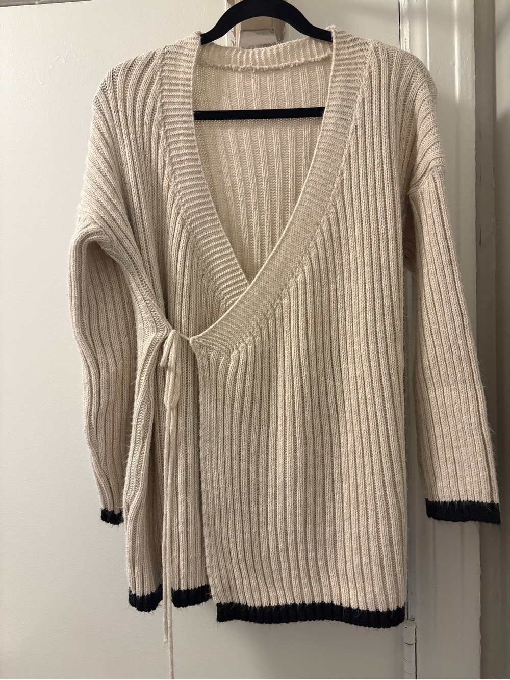 Cream Ribbed Wrap Sweater Dress with Contrast Trim